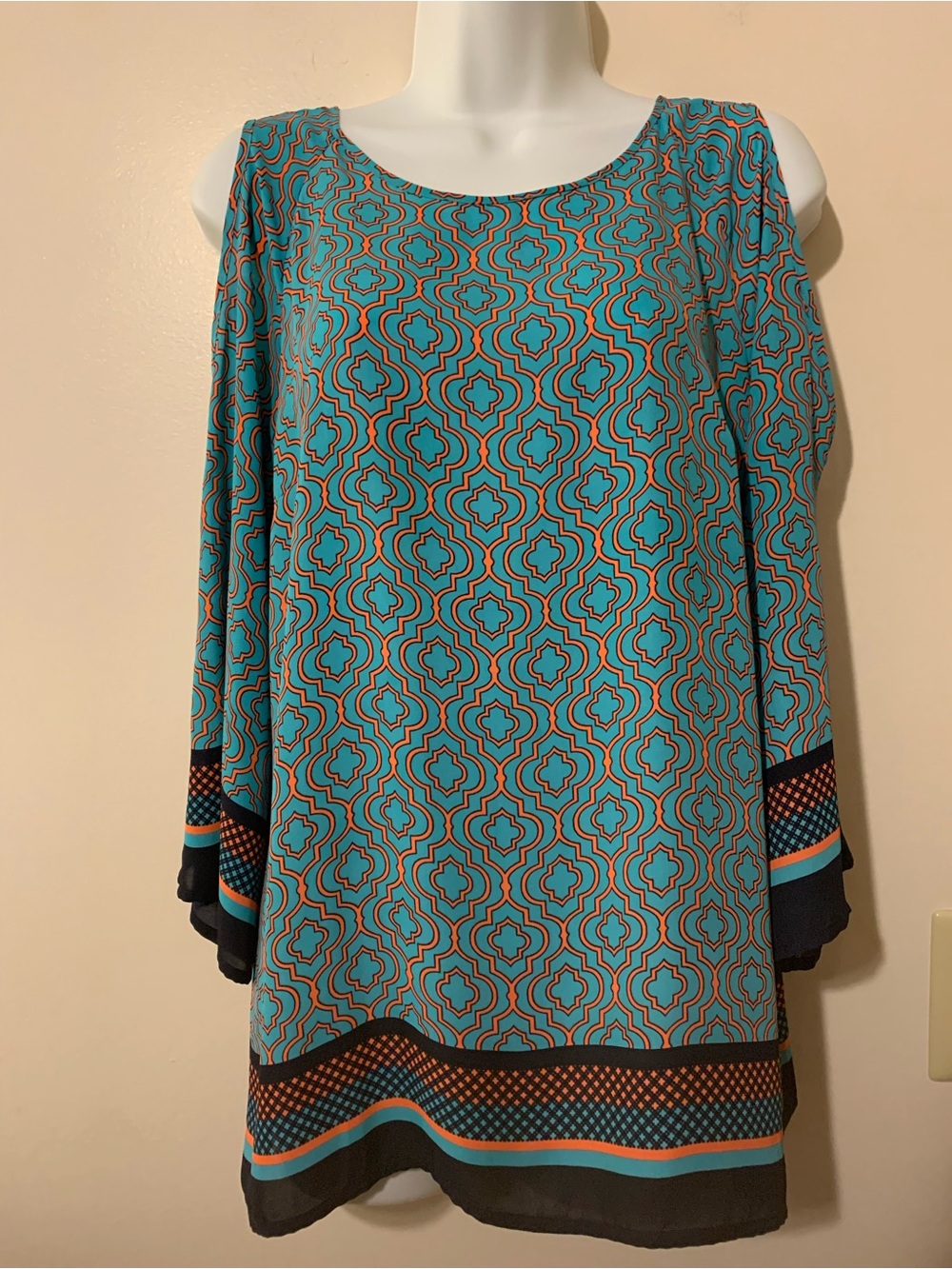Adrianna Papell Teal Orange Geometric Cold-Shoulder Blouse